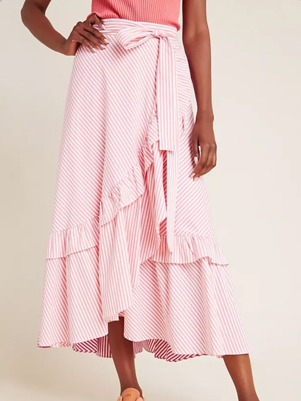 Maeve Womens penny ruffle tie front pink/ purple stripe midi skirt M